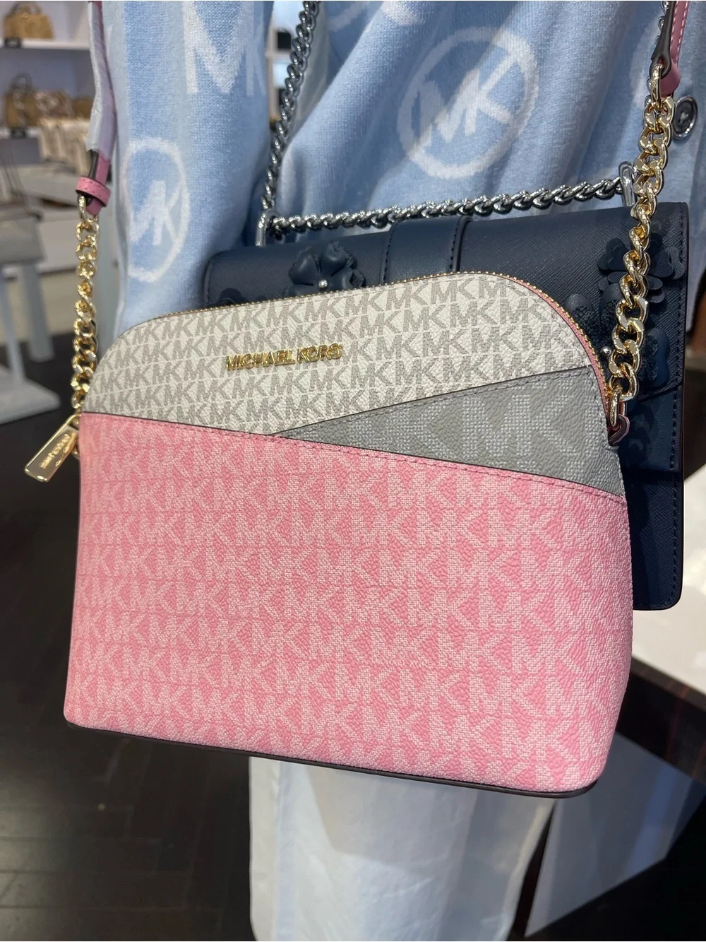 MICHAEL KORS JST Md Dome Color-Block Signature Logo Crossbody Bag Carnation NWT